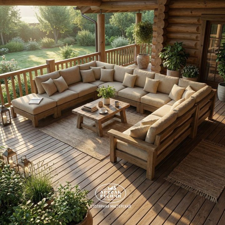 Садовый П-образный диван из массива дерева на террасе