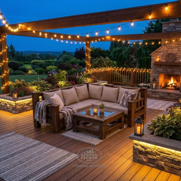 Уличный угловой диван из дерева с мягкими подушками на террасе