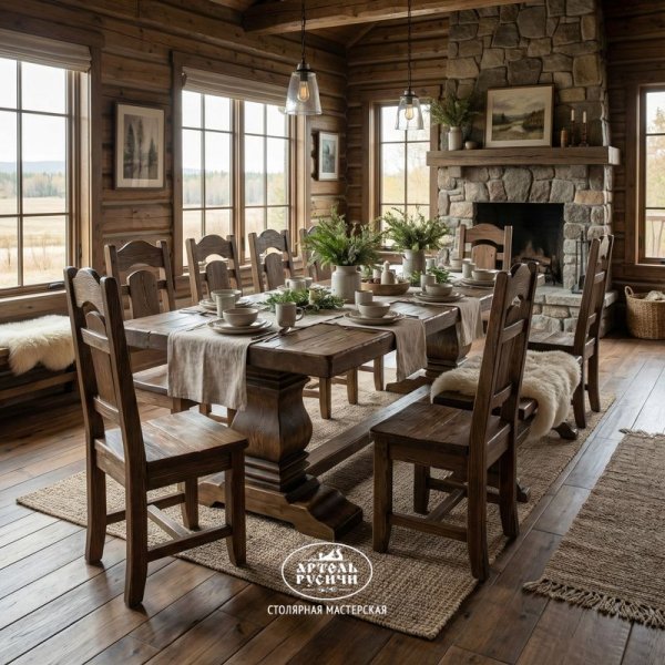 Большой массивный деревянный стол «Георгиевский» в столовой загородного дома