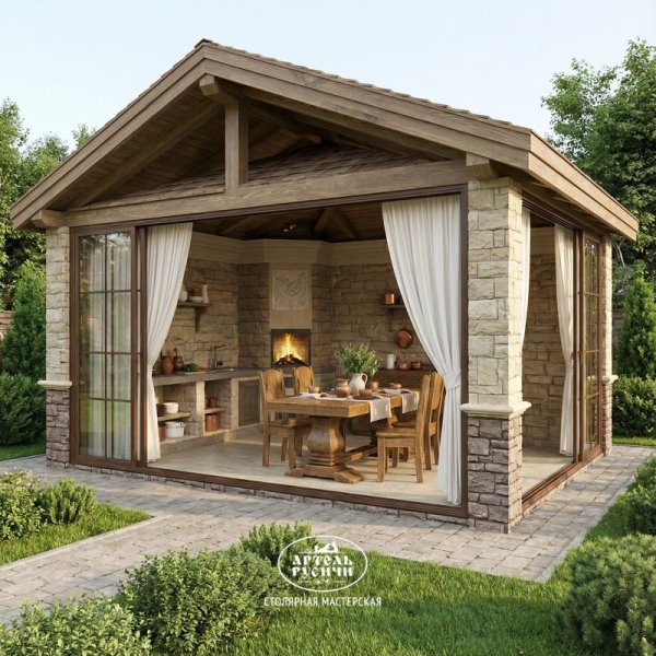 Большой массивный деревянный стол «Георгиевский» в летней кухне