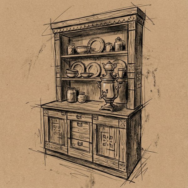 Буфет из массива под старину в русском стиле «Суздальский» фото вид сбоку