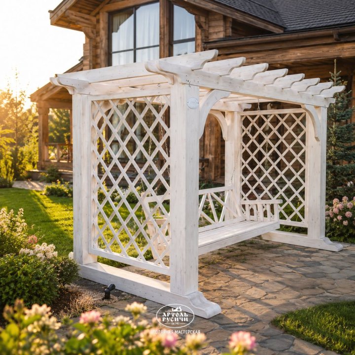 Деревянная пергола с качелями из массива северной сосны