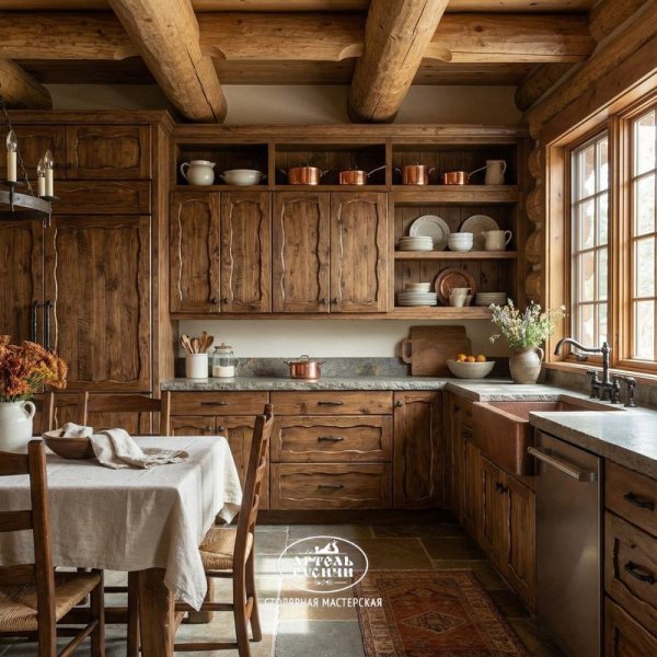 Кухня из массива дерева в загородном доме