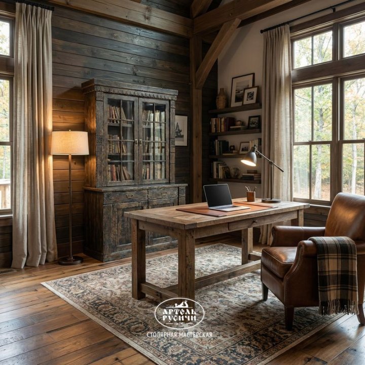 Деревянный буфет с книгами за стеклом в интерьере кабинета загородного дома