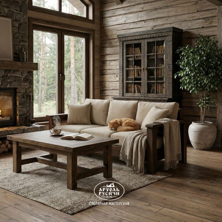 Буфет для книг из массива дерева со стеклянными дверцами в интерьере гостиной