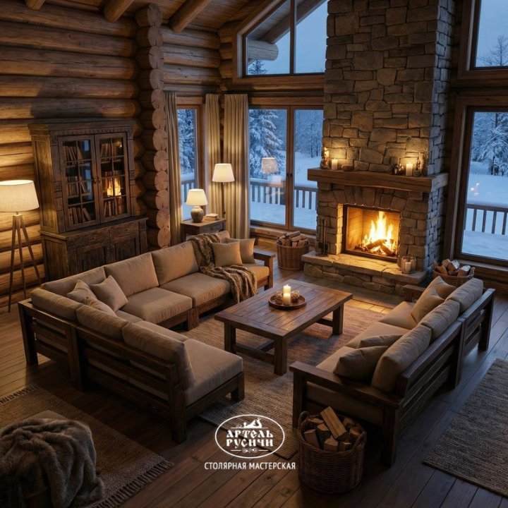 Буфет из массива дерева в гостиной загородного дома