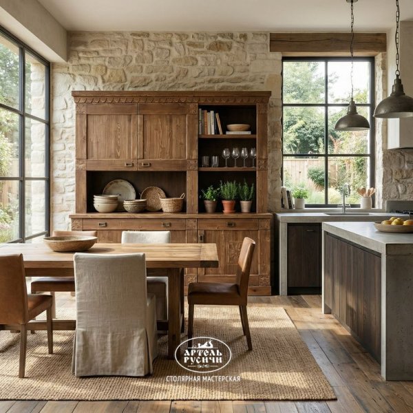 Деревянный буфет под старину в русском стиле «Суздальский» в столовой