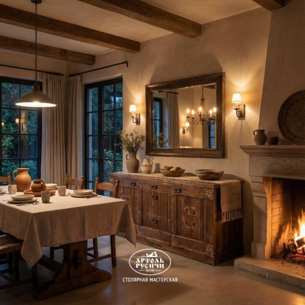 Деревянный комод под старину из массива «Суздальский» в столовой