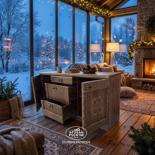 Деревянный комод под старину из массива сосны «Суздальский» на застекленной террасе