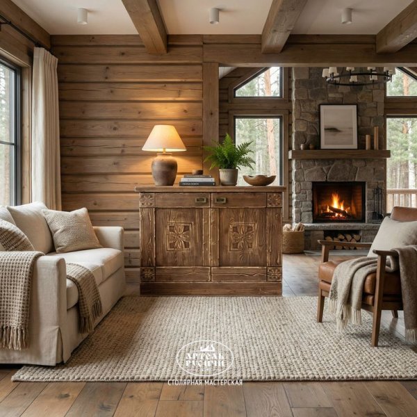 Деревянный комод с дверцами в интерьере гостиной загородного дома