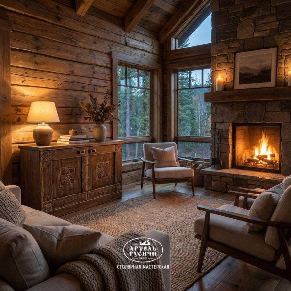 Комод из массива дерева в интерьере гостиной загородного дома