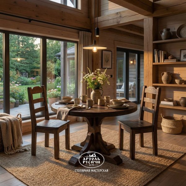Деревянные стулья под старину русский лофт «Ладожский» в интерьере кухни загородного дома