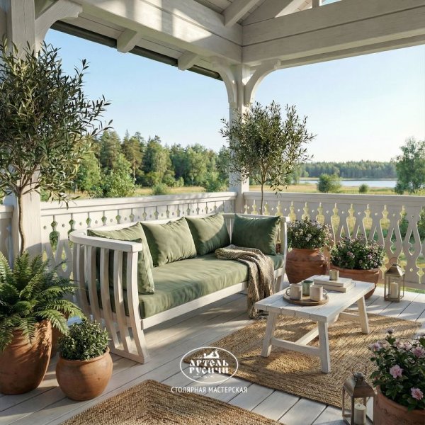 Диван из массива дерева с мягкими подушками на балконе