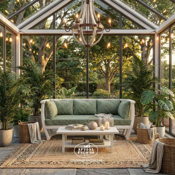 Диван из массива дерева с мягкими подушками «Бали-стайл» в зимнем саду