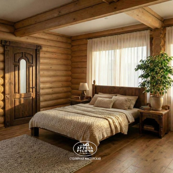 Дверь из массива северной сосны в интерьере спальни