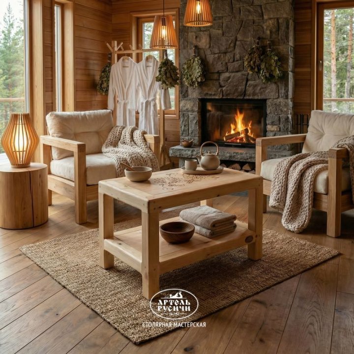 Журнальный столик из сосны в интерьере гостиной