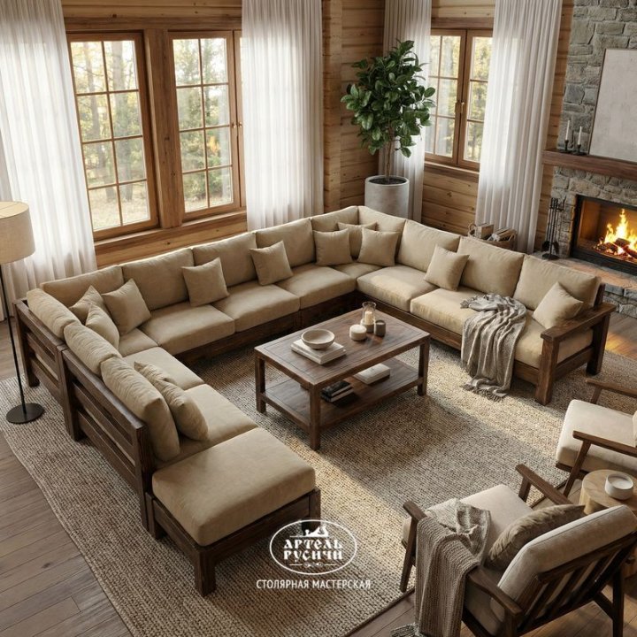 Журнальный столик с П-образным диваном в интерьере гостиной