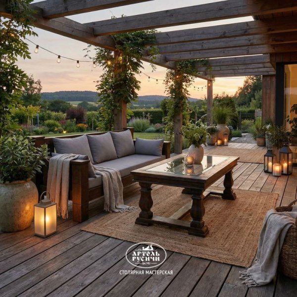 Журнальный столик из массива дерева со стеклом на террасе