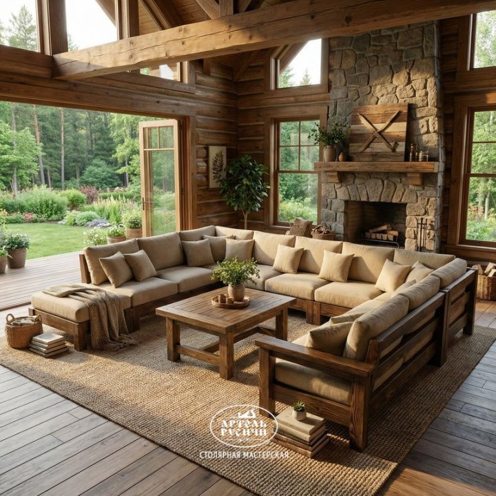 Журнальный столик из массива в гостиной с П-образным диваном