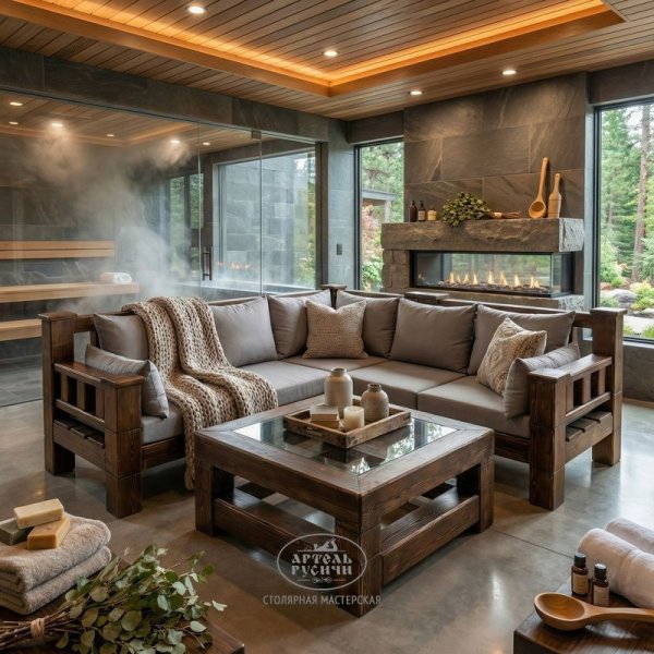 Журнальный столик в стиле лофт из массива северной сосны «Суздальский» в комнате отдыха бани