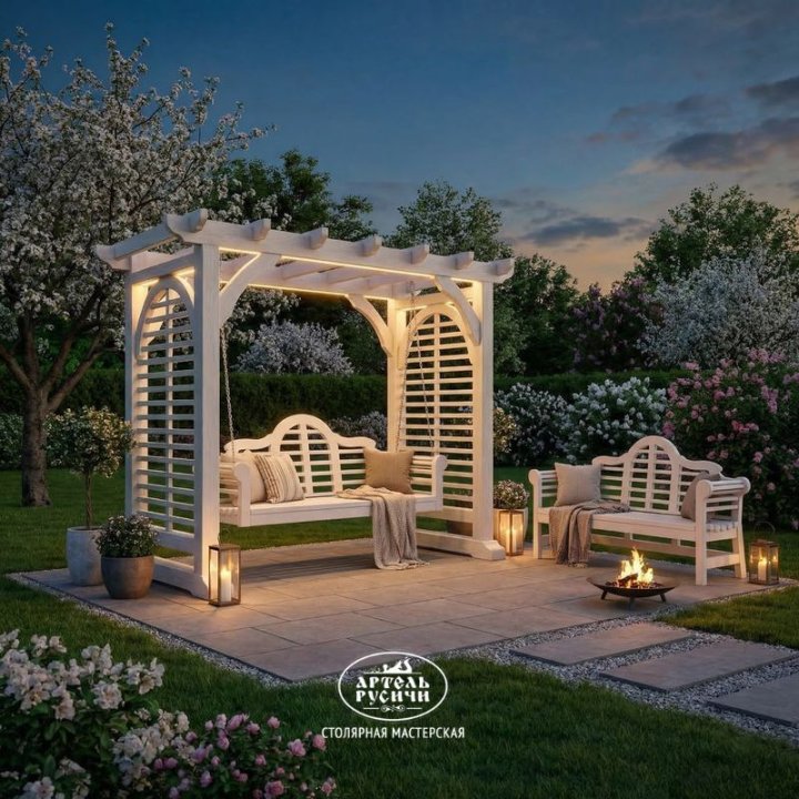 Деревянные садовые качели и скамья в английском стиле для зоны отдыха в парке, отеле