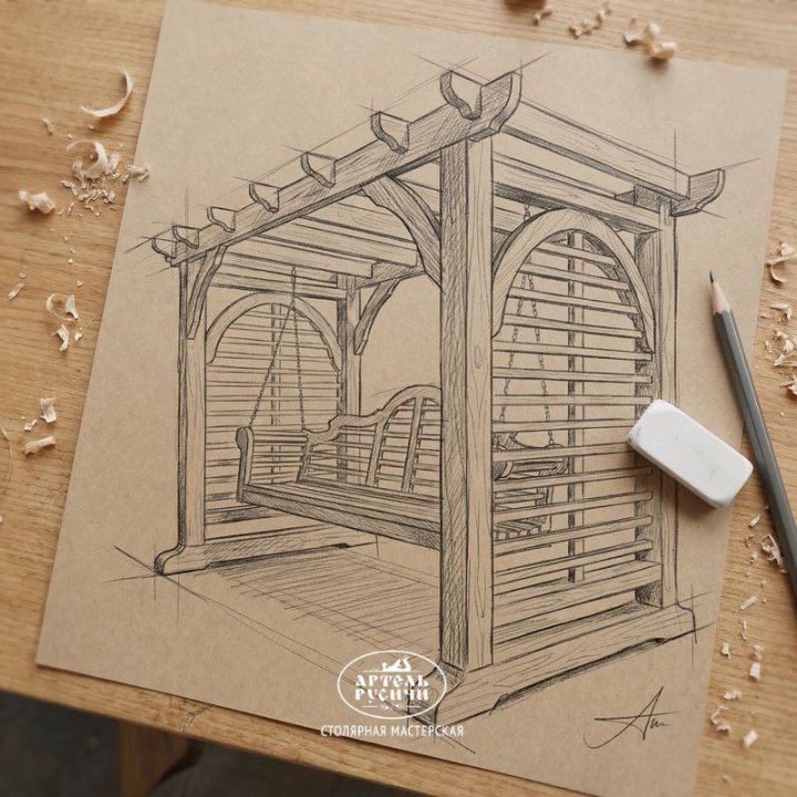 Качели с перголой в английском стиле, эскиз, рисунок простым карандашом