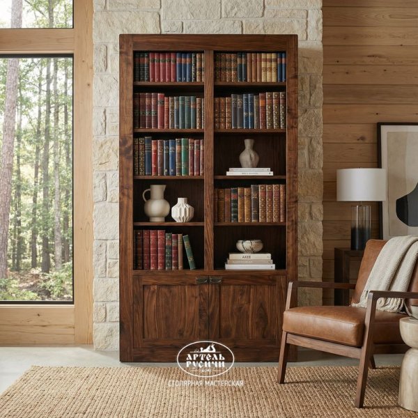 Книжный шкаф под старину из массива дерева | фото вид прямо