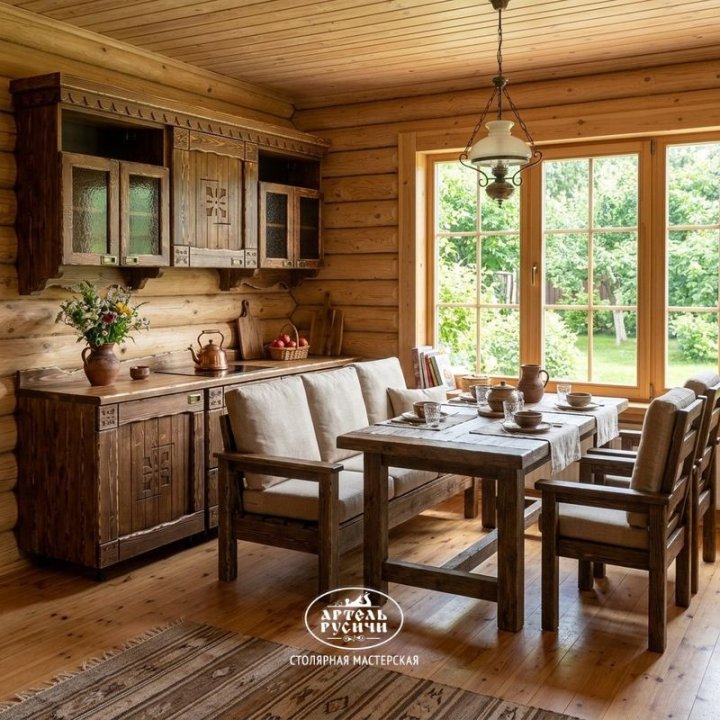 Мебель из массива дерева в интерьере кухни загородного дома , фото 