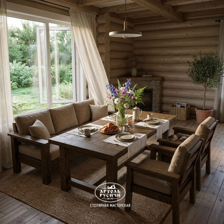 Обеденная группа в стиле кантри из массива дерева с мягкими подушками