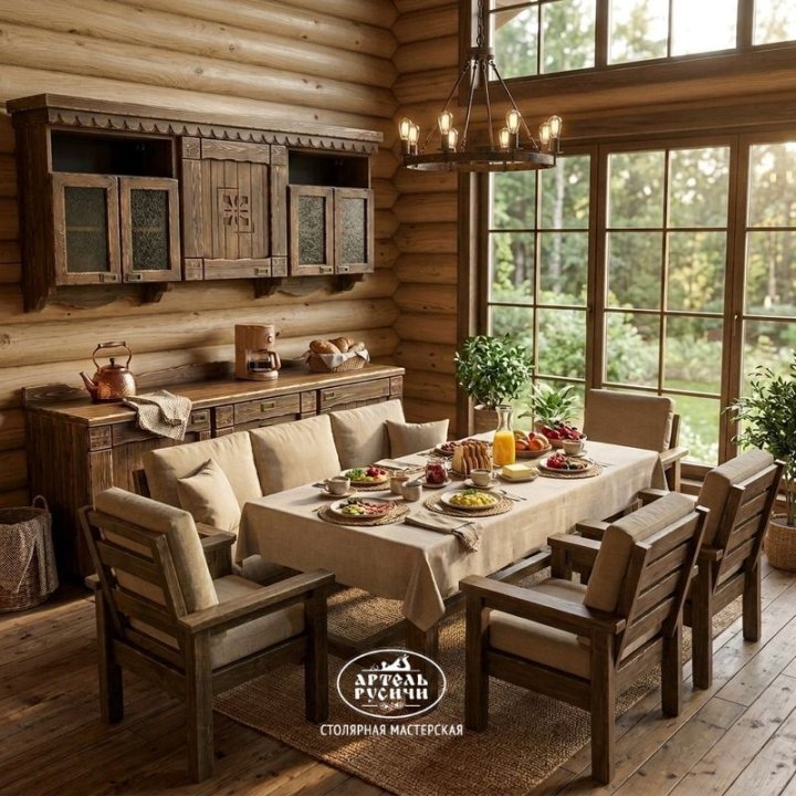 Обеденная группа из натурального дерева в интерьере кухни-столовой загородного дома