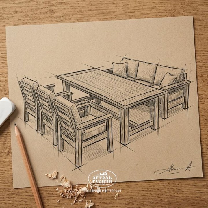 Эскиз обеденной группы в стиле кантри, рисунок простым карандашом