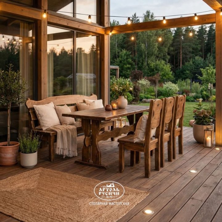 Комплект мебели под старину для кафе «Псковский» | стол, 3 стула и скамья фото вид сзади