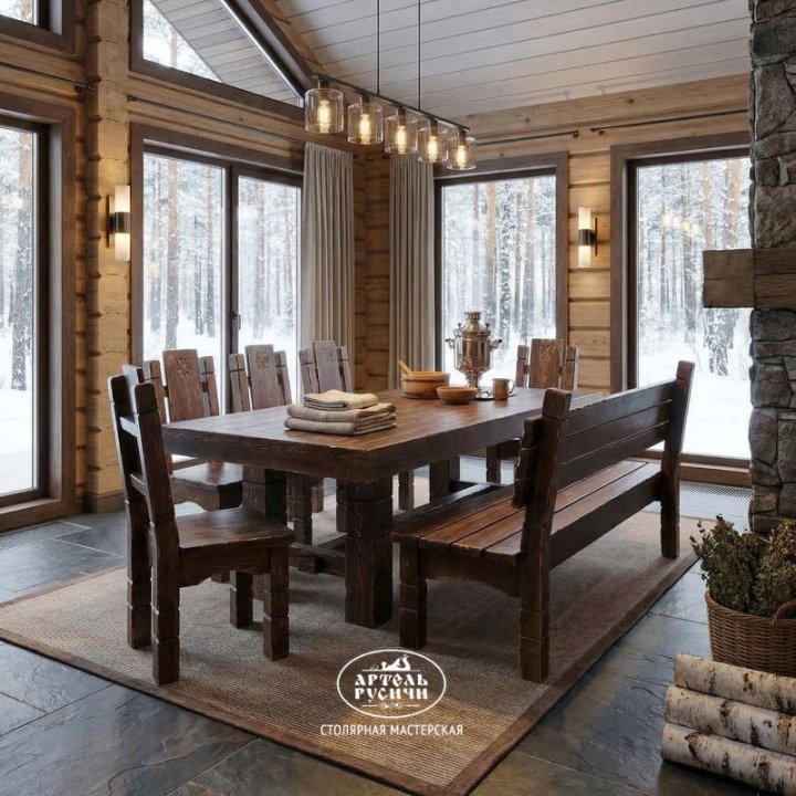 Комплект мебели под старину из массива «Суздальский»|13 – 14 персон фото вид сбоку