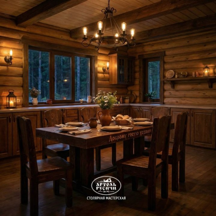 Комплект мебели под старину русский лофт «Ладого-Псковский» на 6-8 персон фото крупный план