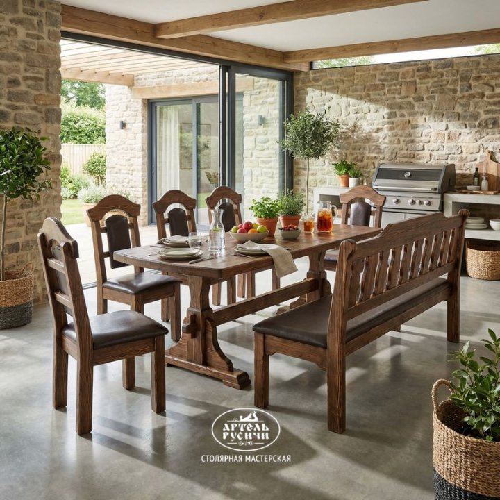 Обеденная группа из массива сосны с мягкими сиденьями фото