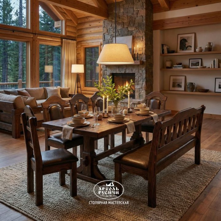 Комплект «Смоленский» из массива сосны под старину с мягкими сиденьями