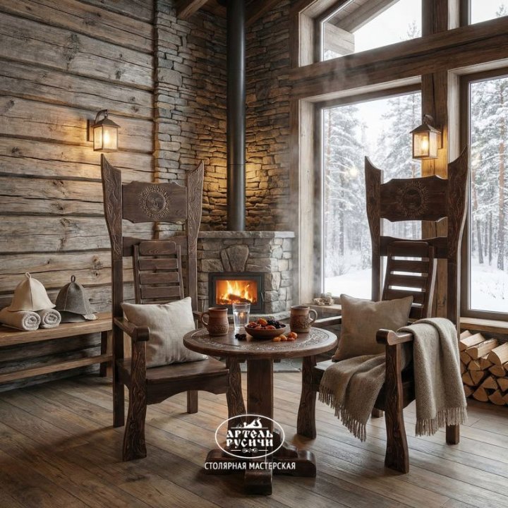 Комплект «Викинг» | круглый стол с резьбой и 2 трона из массива дерева под старину