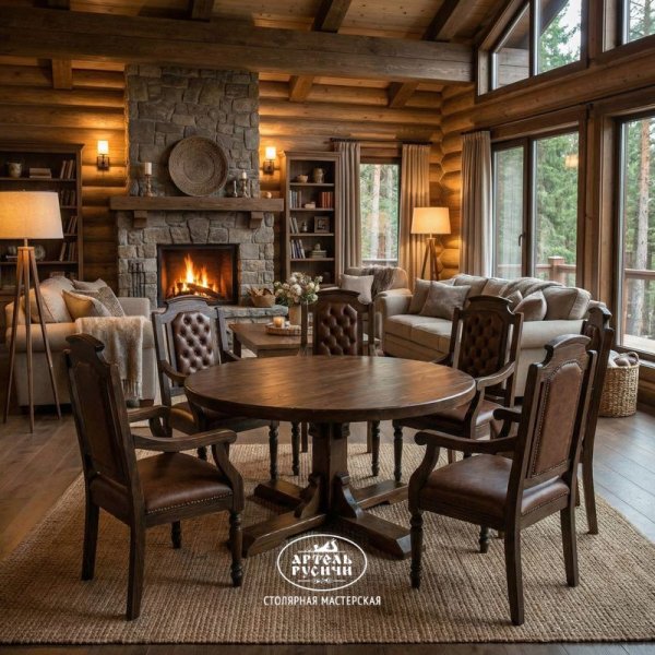 Круглый стол и 6 кресел из массива с мягкой обивкой в гостиной на даче