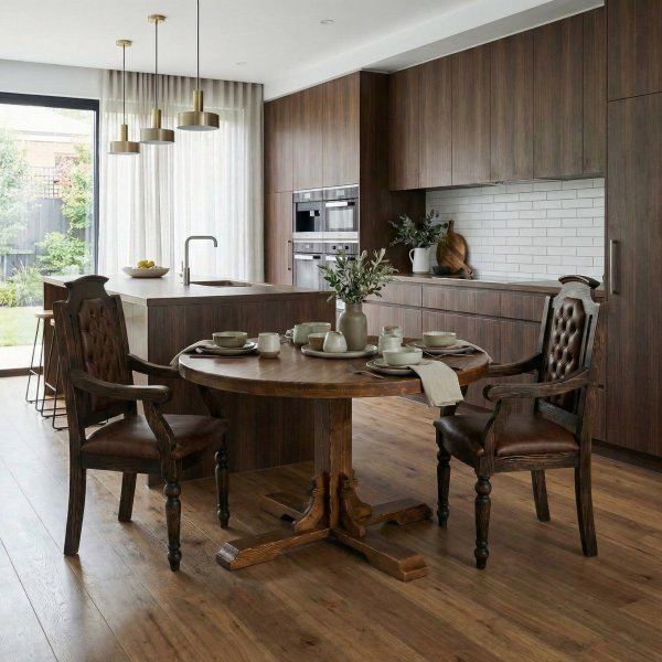 Два деревянных кресла с мягкой обивкой в интерьере кухни