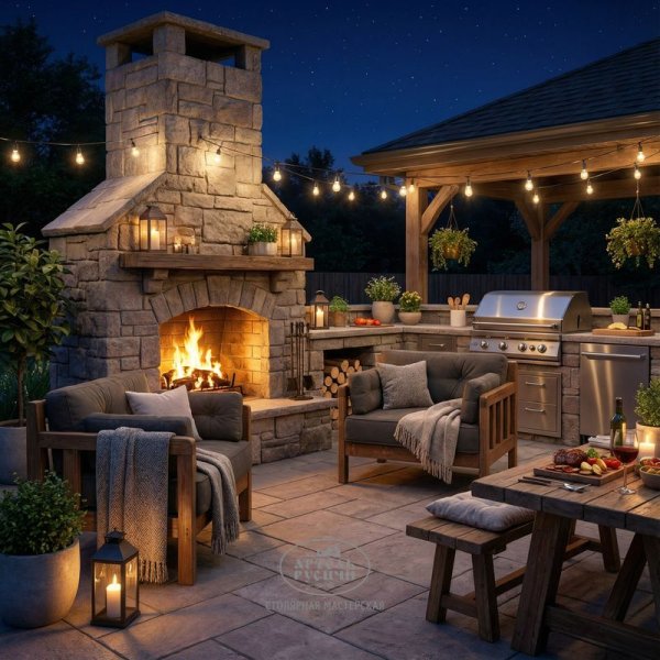 Кресло из массива дерева с мягкими подушками «Русский лофт» в зоне барбекю