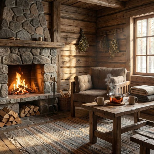 Кресло из массива дерева с мягкими подушками «Русский лофт» в комнате отдыха при бани