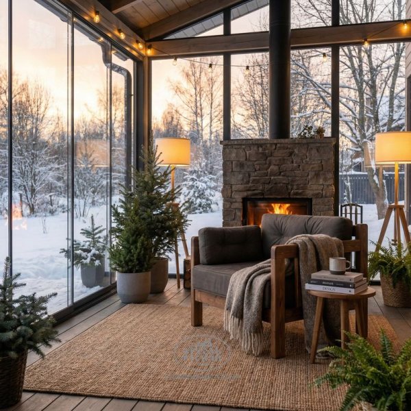 Кресло из массива дерева с мягкими подушками «Русский лофт» на застекленной террасе