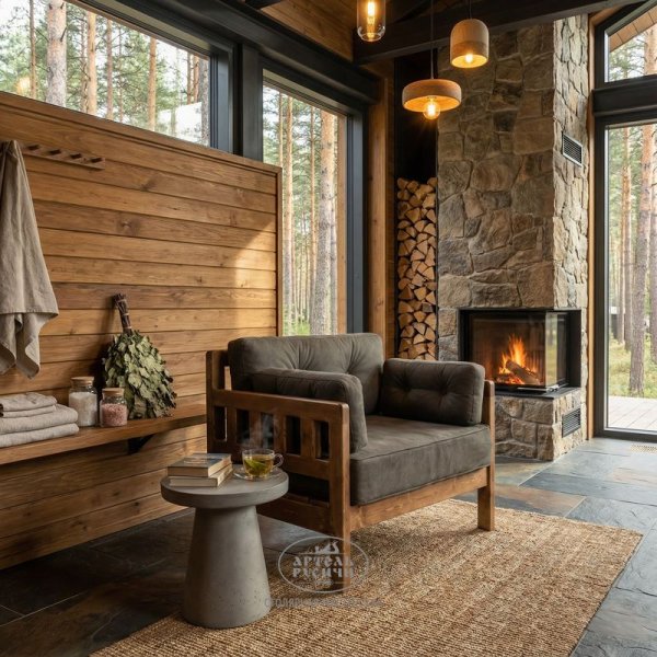 Кресло из массива дерева с мягкими подушками «Русский лофт» в бане