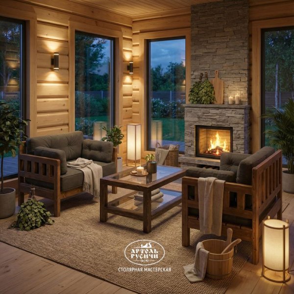 Кресло из массива дерева с мягкими подушками «Русский лофт» в бане