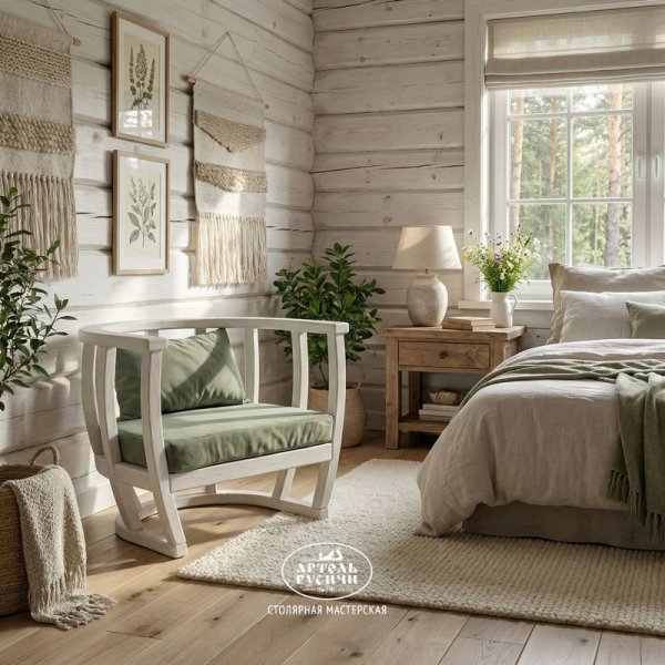 Кресло из массива дерева с мягкими подушками «Бали-стайл» в интерьере спальни
