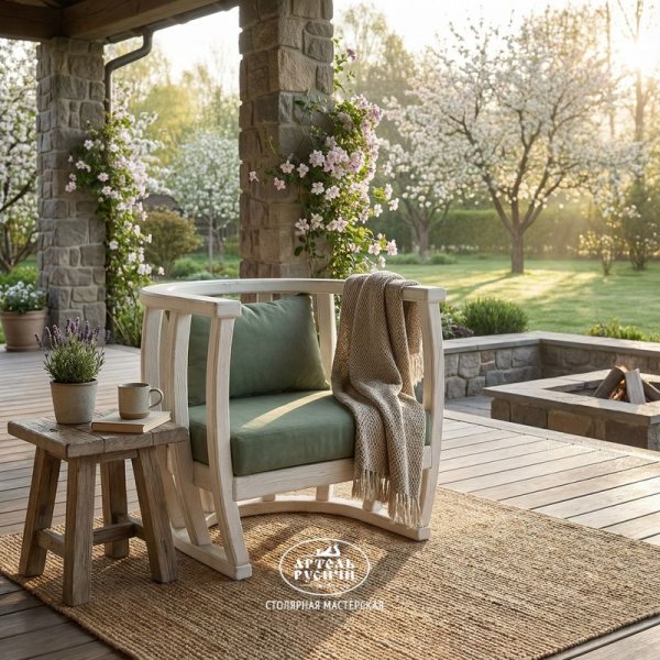 Кресло из массива с мягкими подушками «Бали-стайл» на террасе