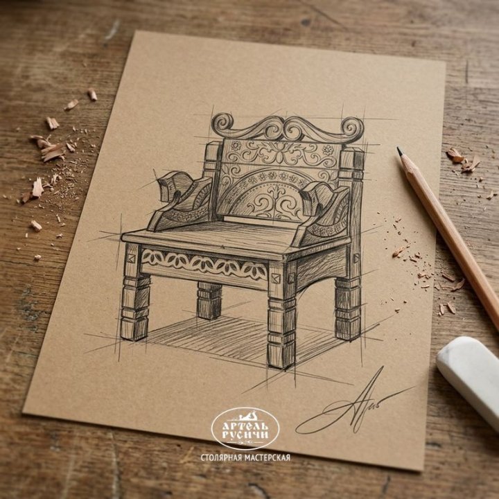 Рисунок простым карандашом, эскиз кресла с резьбой