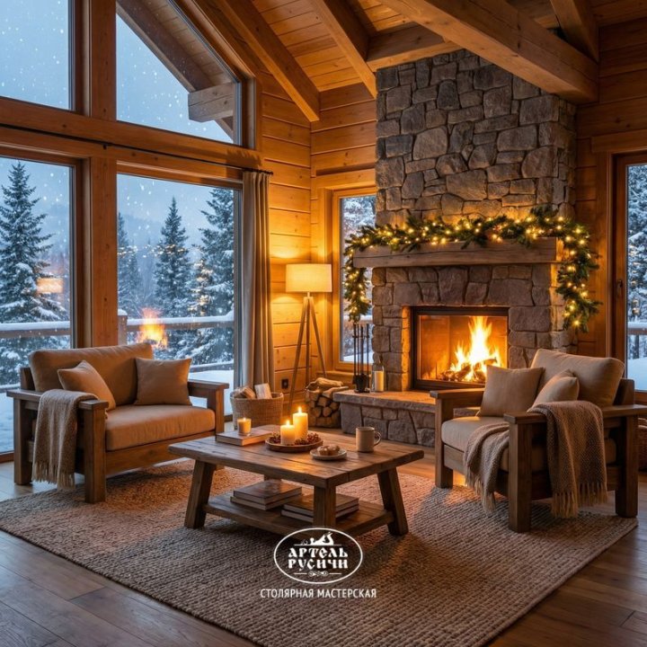 Кресла из массива дуба с мягкими подушками в интерьере загородного дома