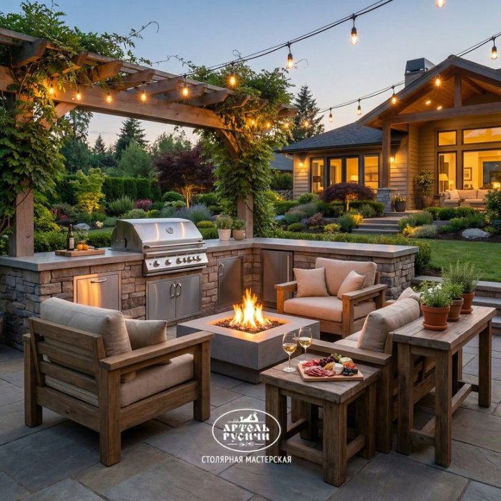 Уютные кресла из дуба с мягкими подушками в зоне барбекю