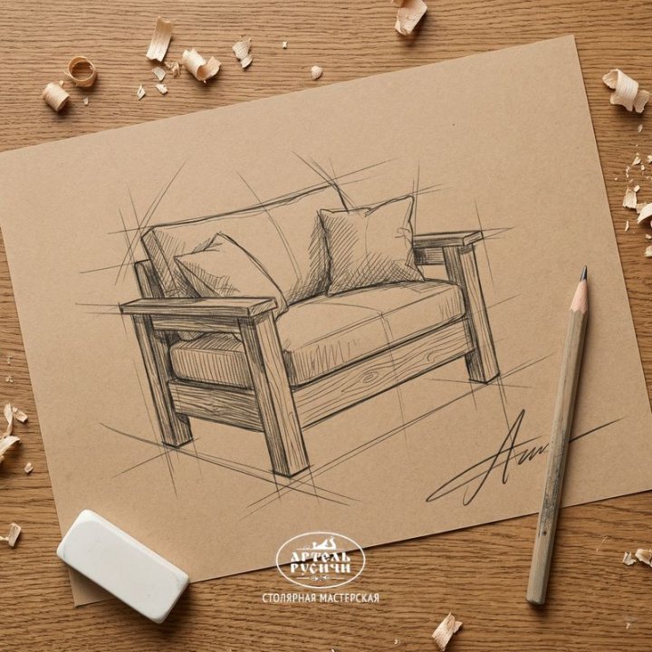 Эскиз кресла из массива дуба с мягкими подушками, рисунок простым карандашом